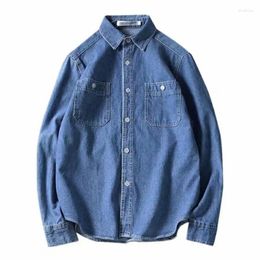 Men's Casual Shirts Vintage Denim Shirt Men Long Sleeve Jean Jacket Japanese Streetwear Baggy Outerwear 2024 Fashion Mens Clothes