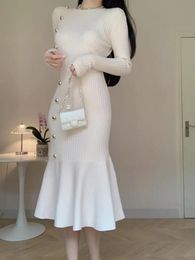 Korean Chic Women Autumn Winter White Knit Fishtail Wrap Dress Black O-neck High Waist Slim Elegant Party Red Button Dresses 240103