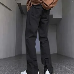 Men's Pants High Street Vintage Washed Dyed Zipper Jeans Casual Versatile Solid Colour Slim Straight Leg Split Long Trouser With Pocket