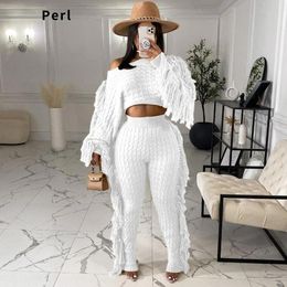 Suits Perl Womens Two Piece Knitted Tassel Sweaters Long Sleeve Cropped Tops and Pants Loungewear Sets Casual Autumn Outfit 2022