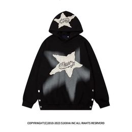 Hip Hop Vintage Oversized Hoodie Star Patch Hooded Sweatshirt Harajuku Men And Women Autumn Couple Chic Tops Y2k Clothes 240103