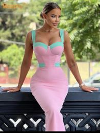 Casual Dresses Modphy Fashion Pink Spaghetti Strap Bustier Maxi Long Bandage Dress Women Sexy Sleeveless Backless Celebrity Evening Party