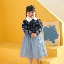 Ice and Snow Love Princess Anna Girls' Dress Winter Velvet Korean Edition Children's Wear