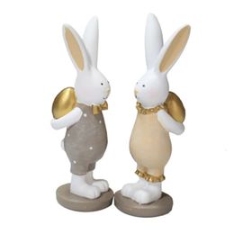 1 Pair Bunny Rabbit Figurine Ornaments Micro Landscape Statue Rustic Easter Desktop Garden Decoration 240103