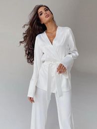 Jeans Hiloc Elegant White Trouser Suits Flare Long Sleeves Women Pama Home Suit Loose Kimono Robe Sets Satin Pamas with Pants 2022