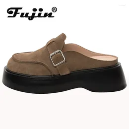 Slippers Fujin 5cm Cow Suede Genuine Leather Synthetic Slides Autumn Platform Women Microfiber Spring Slip On Fashion Shoes