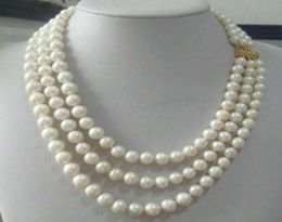 Triple Strands 8-9mm Real South Sea White Pearl Necklace 18-20 Hot9078122