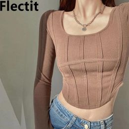 T-Shirt Flectit Long Sleeve Corset Top For Women Scoop Neck Seamed Fitted Top Outfit Y2K Clothes