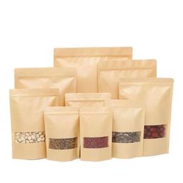 Kraft Paper Bag Stand Up Gift Dried Food Fruit Tea Packaging Pouches Window Retail Zipper Self Sealing Bags 14 sizes Bgxpo