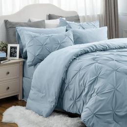 Bedding Sets King Comforter Set - Cal Bed 7 Pieces Pinch Pleat Light Blue With Comforters Sheets Pillowcases Shams