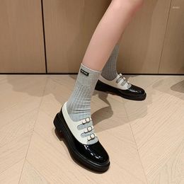 Dress Shoes Spring Women Pumps Split Leather For Round Toe Chunky Low Heel Mary Janes Buckle Mixed Colours