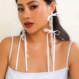 Dangle Earrings Fashion Bow Ribbon Tassel Long Imitation Pearl Flower Pendant Stud For Women Girls Jewelry Gifts
