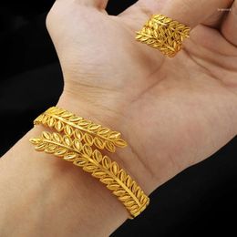 Necklace Earrings Set Gold Colour For Women Wide Weaver Cuff Bangles Bracelet Ring 2pcs Trendy Accessories Wedding Gifts Bijoux
