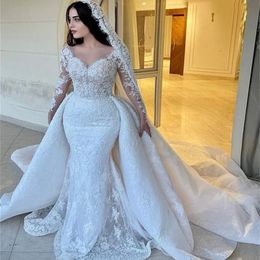 Gorgeous Ivory Lace Mermaid Wedding Dress With Detachable Train Long Sleeves V-Neck Luxury Church Bridal Gowns 2024