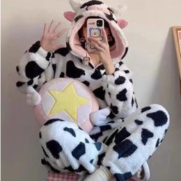 Women's Sleepwear Kawaii Hood Cow Pyjamas Sleeping Wear Female Winter Coral Plush Cute Girl Home Fur Pijama Set Fuzzy Korean Fashion Yk2