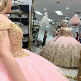 2023 Pink Quinceanera Dresses with Gold Lace Applique Off the Shoulder Straps Crystals Beaded Sweep Train Sweet 16 Birthday Party Prom Ball Formal Evening Vestidos