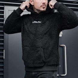 Men's Hoodies Men Plush Sweatshirt Winter With Letter Print Front Pocket Imitation Lambswool/cashmere Warmth For Comfort