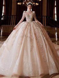 2024 Elegantes Hochzeitskleid, Illusionsausschnitt, Spitze, Applikationen, Perlen, Perlen, Robe Mariage, Vestidos de Novia, glitzerndes Luxus-Brautkleid mit langen Ärmeln, Dubai, Arabisch, Übergröße