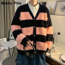 Men's Sweaters V-neck Knitted Preppy Teens Y2k Cardigan Fashion Harajuku Streetwear Striped Cardigans For Men Long Sleeve Versatile