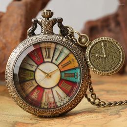 Table Clocks Transparent Glass Roman Numerals Colour Dial Necklace Watch For Men Women With Chain Pendant Clock Vintage Bronze Timepiece Gift