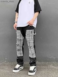 Men's Pants Hip Hop Straight Leg Denim Trousers Men Splashed Ink Logging Black White Chequered Patchwork Jeans Slim Fit Washed Torn Pants Q240104