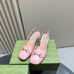 Top quality Kitten heels sandal Metal buckle leather Square-toe Chunky heel slingback heels Luxury designer pumps womens Office shoes 35-42 5.5cm