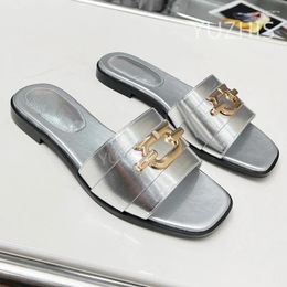 Slippers Genuine Leather Patent Flat Heel Peep Toe Slides Metal Lock Bohemian Beach Women Sandals Shoes