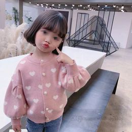 Girls love heart knitted cardigan kids pearls buckle puff sleeve sweater outwear 2024 spring children princess clothes Z6503