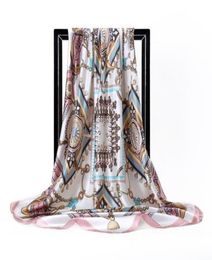 Scarves Large Pink Square Silk Scarf Foulard Kerchief For Women Female Satin Hair 9090cm Unique Styles Hijab4715842