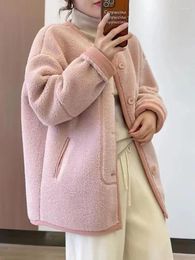 Women's Jackets Woman Clothing Autumn Winter V Neck Plush Jacket Korean Fashion Lamb Wool Coat Taro Purple Solid Warm