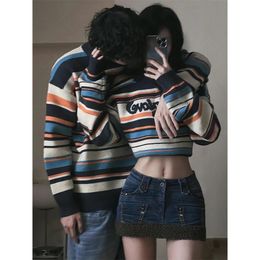 Y2K Hong Kong Retro Rainbow Striped Sweater For Men And Women Niche High-Grade Off-The-Shoulder Sweater Couples Wear Outside 240104