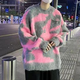 Men's Sweaters Autumn Winter Pink Thickened Sweater Fashionable Loose Casual High Street Outer Wear Knitted Pullovers Men Tops Male Clothes