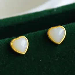 Stud Earrings 925 Sterling Silver White Jade Heart Women Fine Jewellery Hetian Jades Nephrite Gold Love Ear Studs Earring