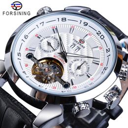 Forsining White Tourbillon Mechanical Men Watches Automatic Calendar Skeleton Genuine Leather Belts Wristwatch Relogio Masculino2192