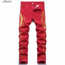 Calça jeans roxa masculina, estilo jeans, veludo de algodão, slim fit, bordado, pés pequenos, calça casual vermelha