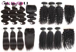 Unprocessed Brazilian Virgin Hair Bundles with Lace Closure 3 Bundle Deals and Middle Part Part Weaves Closure Cheap Human 4989086