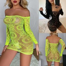 Sleepwear Sexy Women Short Dress Fishnet Babydoll Lingerie Sleepwear Wrap Mini Dress Lace Floral Seethrough Hollow Out Dress Nightwear