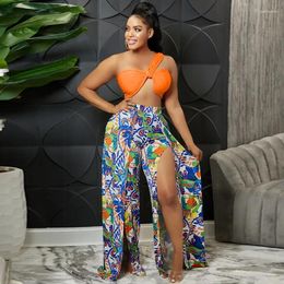 Women's Two Piece Pants WUHE Beach 2 Set Outfits High Split Straight Wide Leg Paisley Bow Strapless Crop Top Matching Women Tracksuit