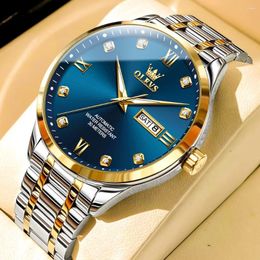 Wristwatches Fashion In Men's Mechanical Watches Luxury Diamond Dial Dual Calendar Display Auto Date Clock Waterproof Wrist Watch For Men