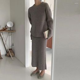 Work Dresses Casual Women Knitted Skirt Two-piece Suit 2024 Fall Winter O-neck Sweater Pullovers Elastic Waist Bodycon Midi Skirts Set