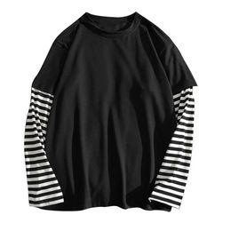 Student T-Shirts Fake Two Piece Set Striped Long Sleeve O Neck Simple Casual Spring Top Tee Shirts For Men School 240103