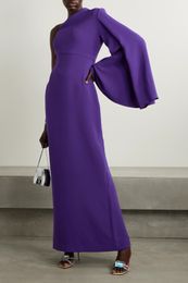 Elegant Short Purple One Shoulder Prom Dresses With Slit Sheath Crepe Pleated Ankle Length Party Dress Maxi Formal Evening Dresses for Women