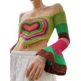 Tanks Xingqing 2000s Aesthetic Grunge Sweater Vest Women Contrast Colour Heart Print Flared Long Sleeve Knitwear y2k Fairycore T Shirt