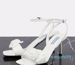 Bridal Brand Rosette Leather Sandals Shoes Women High Heels Square Toes Ankle Strap White Black Party Wedding Lady Walking