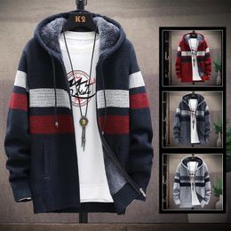 Men's Striped Cardigan Winter Sweater Fleece Jumper Hooded Clothes Harajuku Wool Japanese Casual Windbreaker Korean Jacket 240103