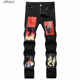 purple jeans mens pant 2024 Summer New Large Black Men's Jeans with Perforated Patch Print Small Feet Mid Waist Pants