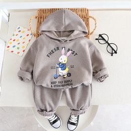 Spring Autumn Toddler Boy 2PCS Clothes Set Rabbit Letter Pullover Hoodie Solid Sweatpant Young Kid Boy Outfit Baby Boy Tracksuit 240104