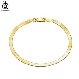 ORSA JEWELS 18K Gold 925 Sterling Silver Punk 3mm Flexible Flat Herringbone Chain Bracelet for Women Fahsion Jewellery SB107 240104