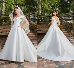 Simple Ivory Satin A Line Wedding Dresses With Pocket Sexy Off Shoulder Plus Size Elegant Bridal Gowns Boho Garden Sweep Train Bride Reception Robes de Mariee CL3155