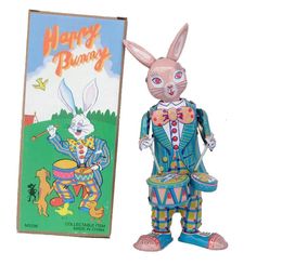 Funny Classic collection Retro Clockwork happy bunny rabbit Wind up Metal Walking Tin play drum rabbit robot Mechanical toy 240104